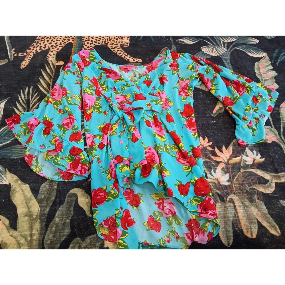 Betsey Johnson Blue Ruffled Floral Boho Blouse Large L Blue Pink